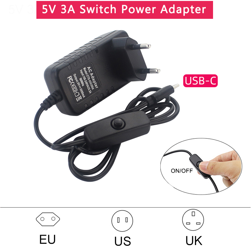Raspberry Pi Zero - 5V 3A voeding met aan/uit-schakelaar EU